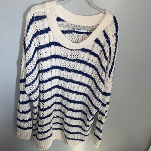 Sonoma Open-Knit Crewneck Sweater in White & Navy Stripes